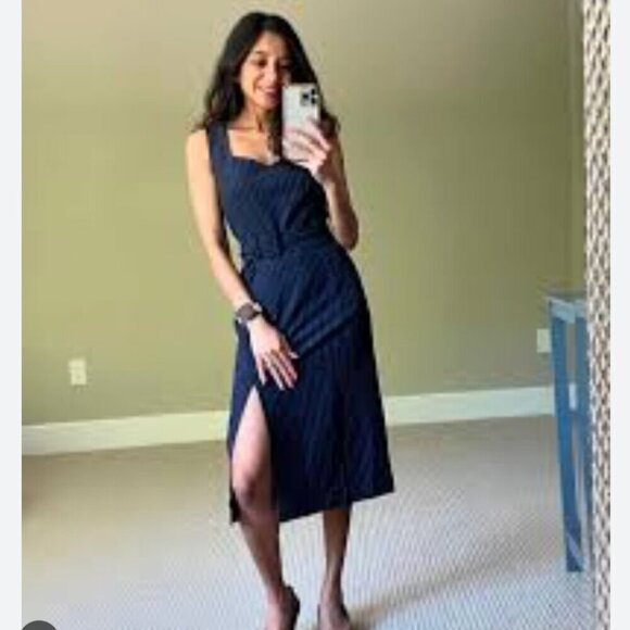 Banana Republic Belted Sheath Midi Dress Navy Stripe Size 10 - Picture 3 of 9
